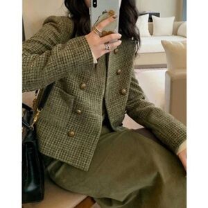 NWT Coldwater Creek Tweed Textured Peplum Blazer Olive Green Size 8 Military